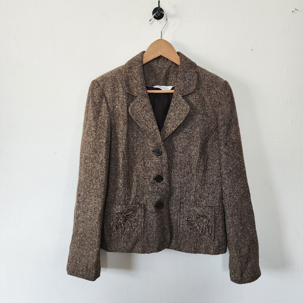 Y2K Vintage George Women's Brown Textured Blazer Floral Pockets 10 Fairycore